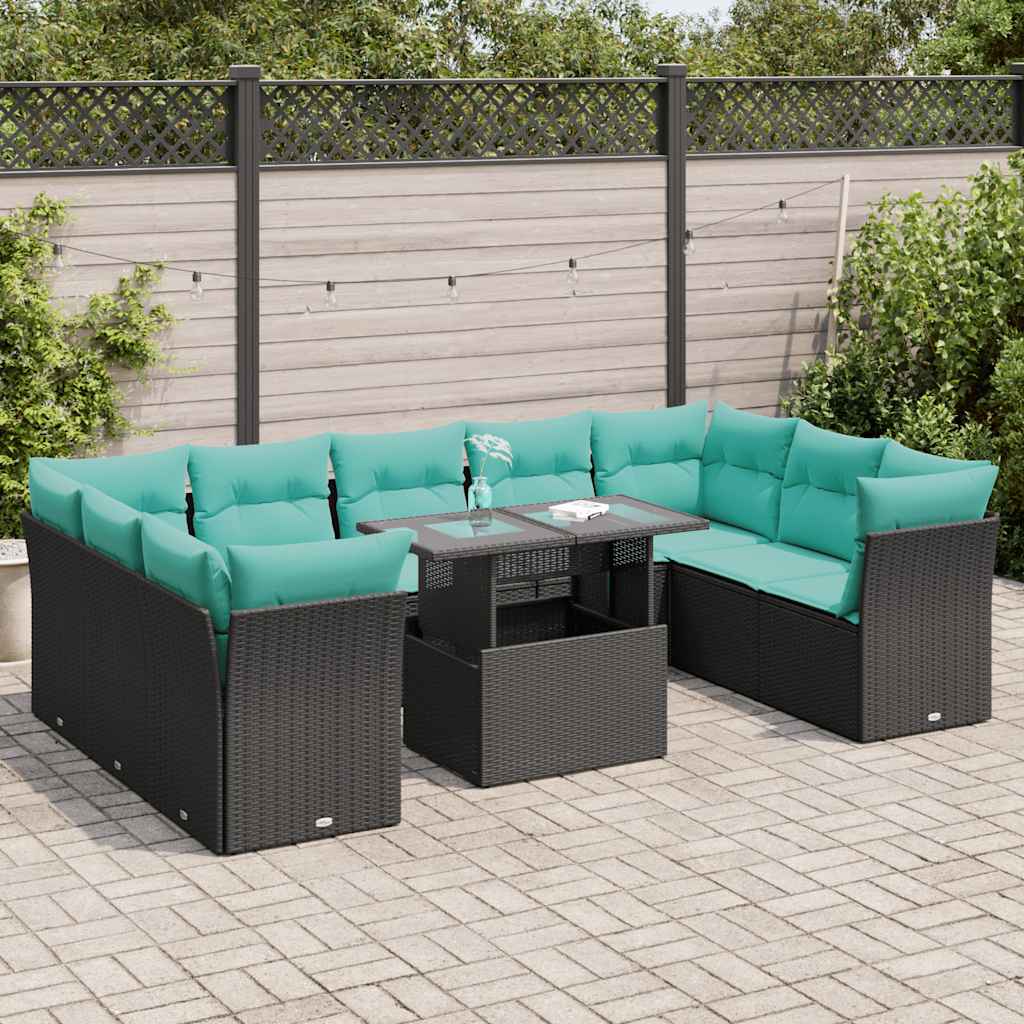10-tlg. Garten-Sofagarnitur mit Kissen Schwarz Poly Rattan