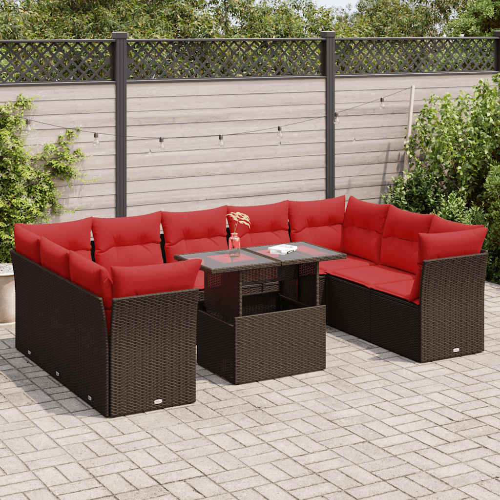 10-tlg. Garten-Sofagarnitur mit Kissen Braun Poly Rattan Akazie
