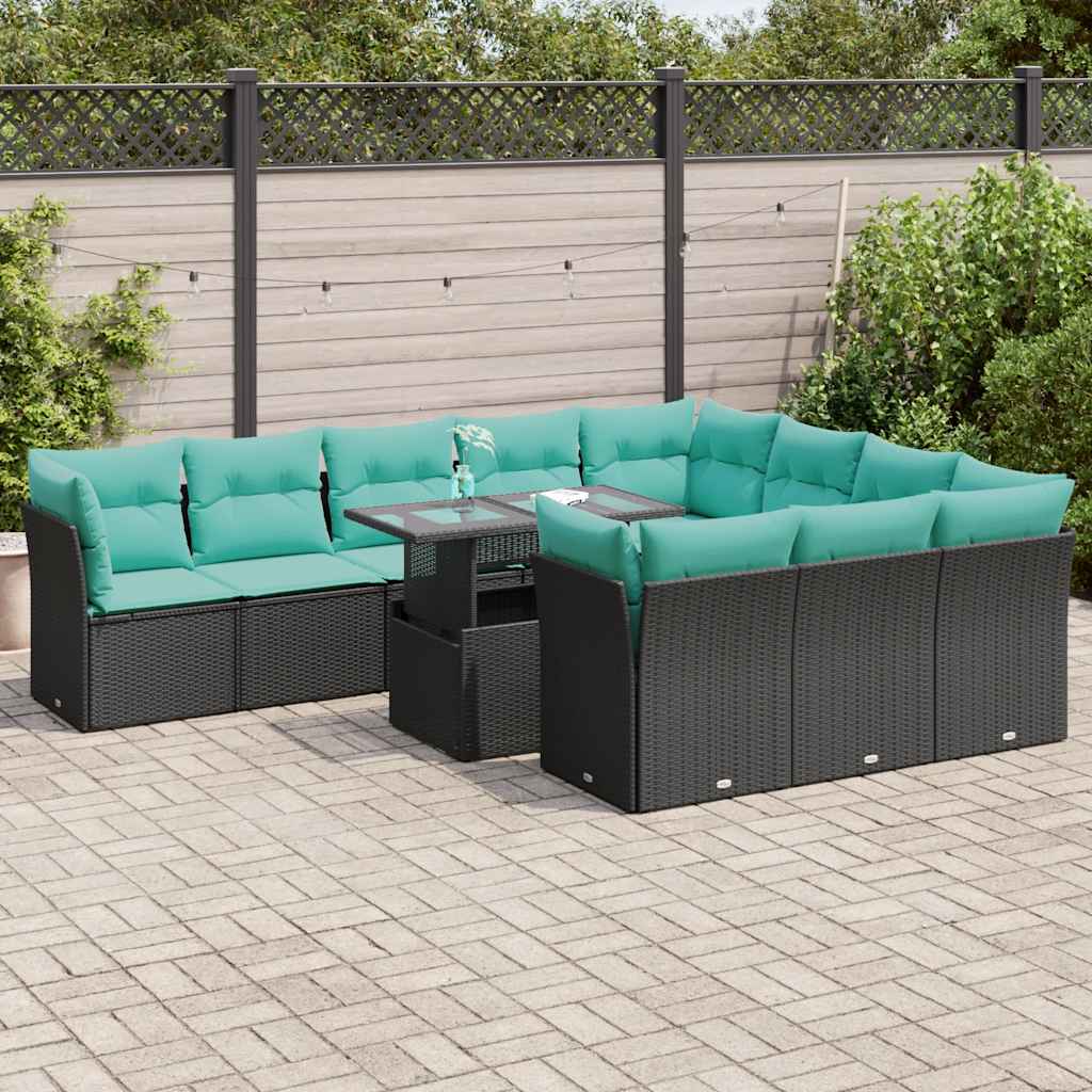 11-tlg. Garten-Sofagarnitur mit Kissen Schwarz Poly Rattan