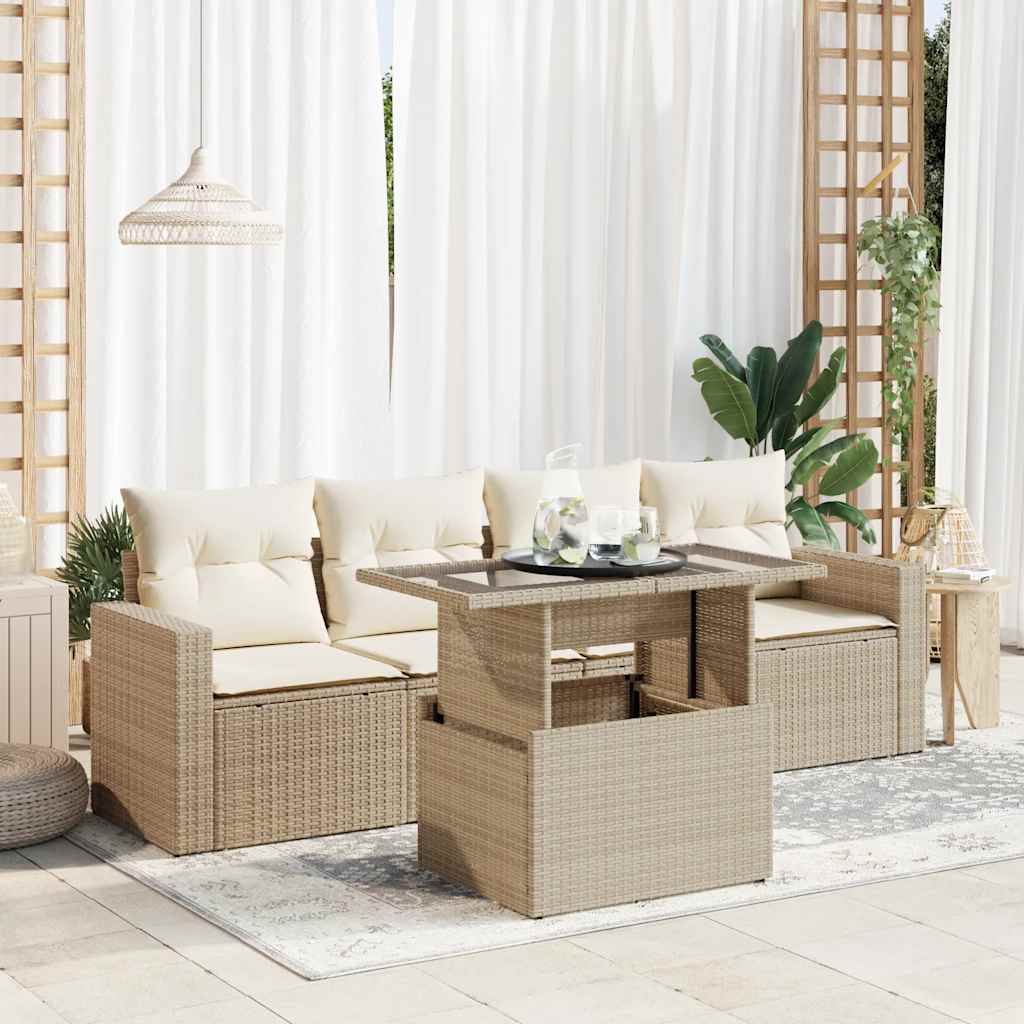 5-tlg. Garten-Sofagarnitur mit Kissen Beige Poly Rattan