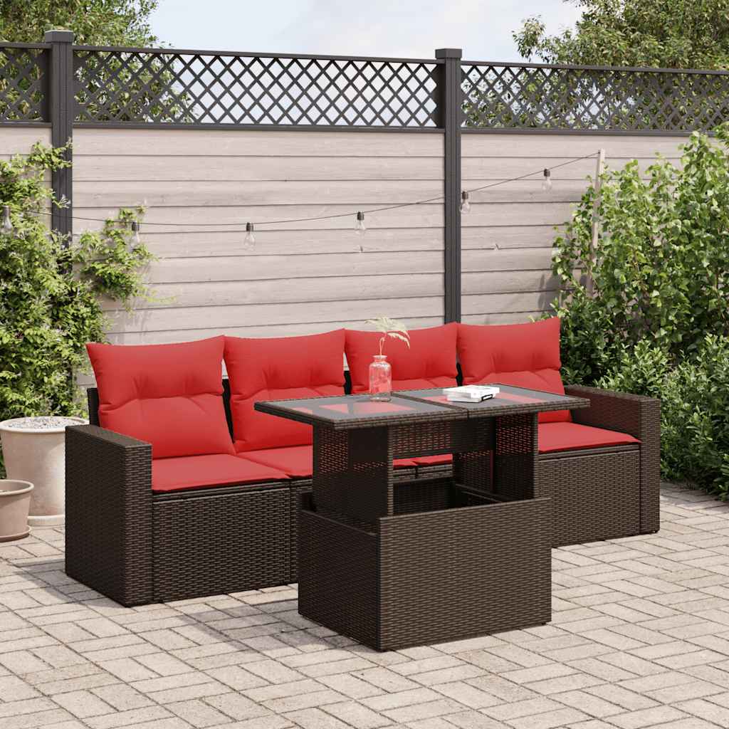 5-tlg. Garten-Sofagarnitur mit Kissen Braun Poly Rattan Akazie