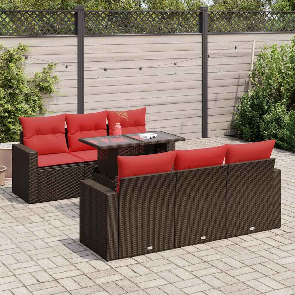 7-tlg. Garten-Sofagarnitur mit Kissen Braun Poly Rattan Akazie