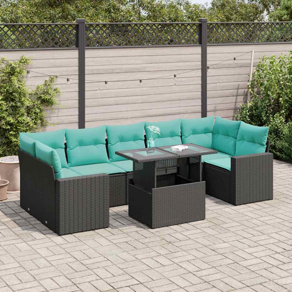 8-tlg. Garten-Sofagarnitur mit Kissen Schwarz Poly Rattan