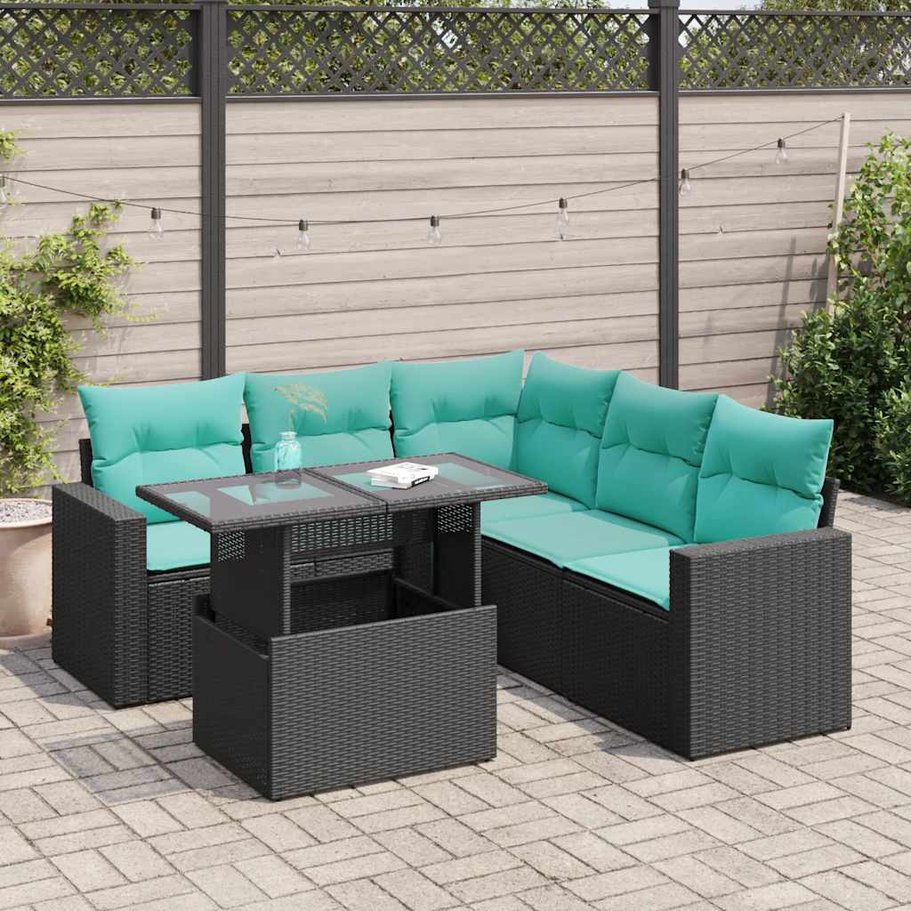 6-tlg. Garten-Sofagarnitur mit Kissen Schwarz Poly Rattan