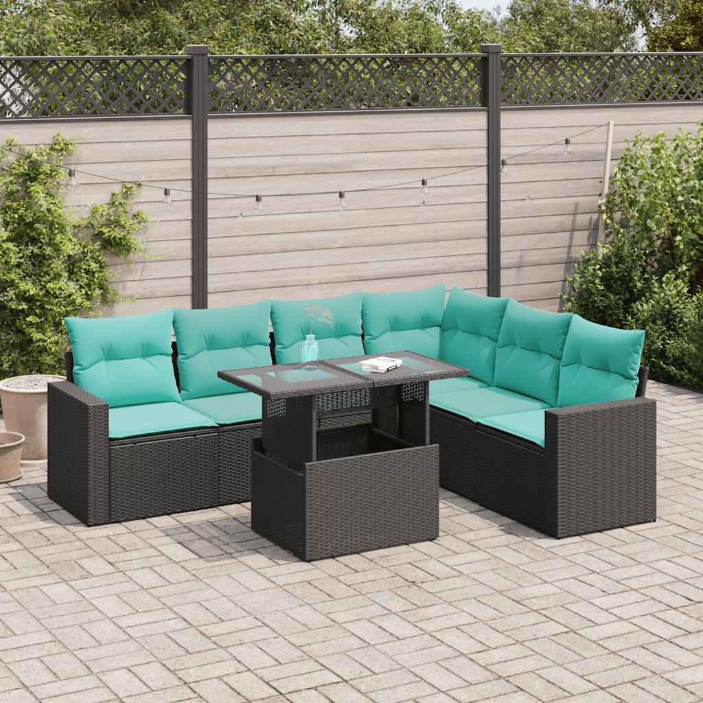 7-tlg. Garten-Sofagarnitur mit Kissen Schwarz Poly Rattan Akazie