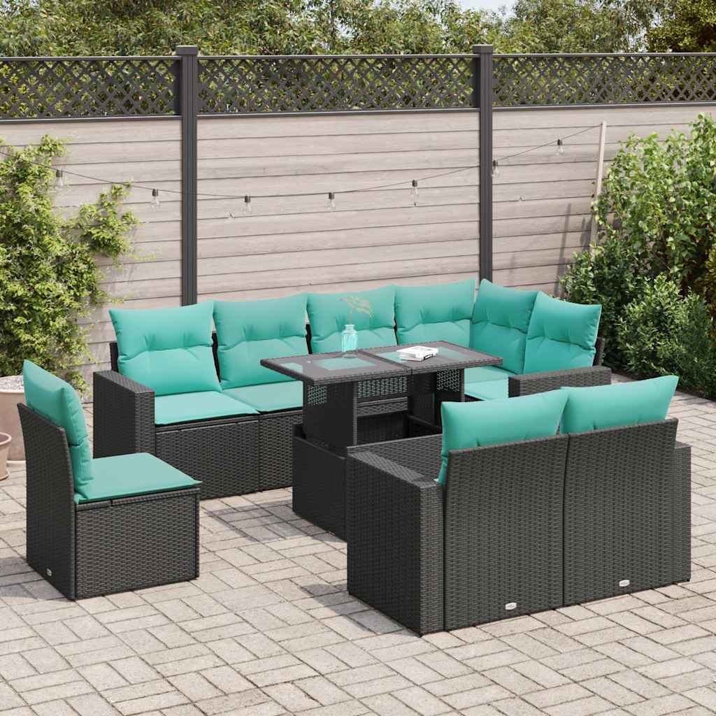 9-tlg. Garten-Sofagarnitur mit Kissen Schwarz Poly Rattan