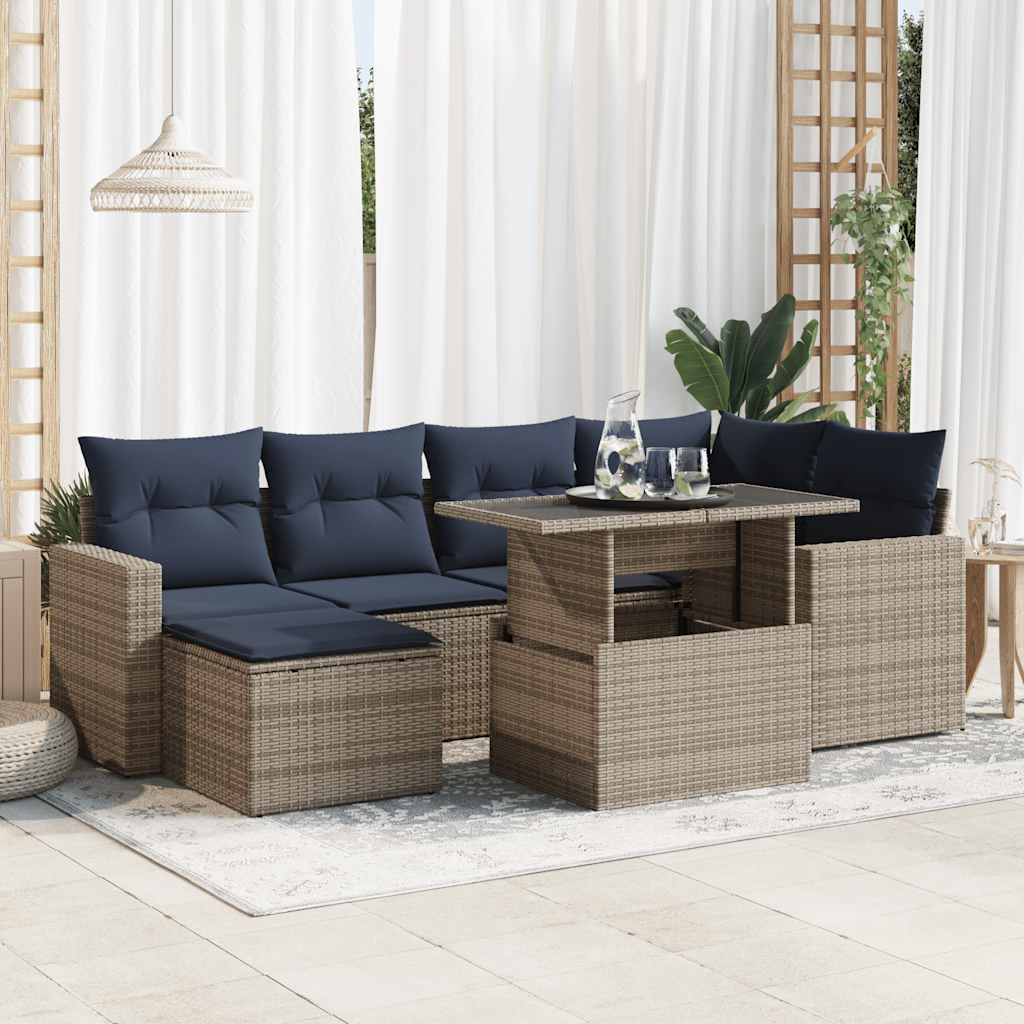 7-tlg. Garten-Sofagarnitur mit Kissen Grau Poly Rattan Akazie