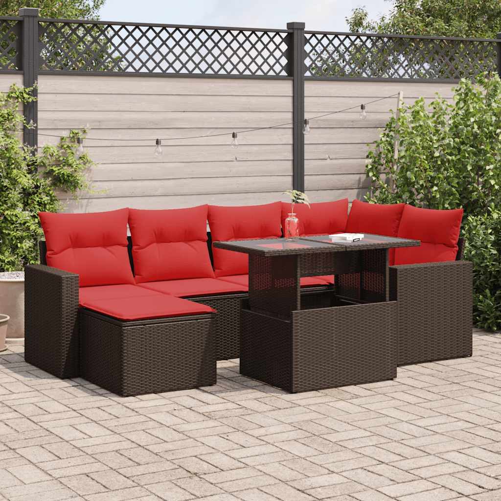 7-tlg. Garten-Sofagarnitur mit Kissen Braun Poly Rattan Akazie