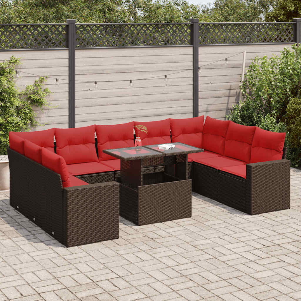 10-tlg. Garten-Sofagarnitur mit Kissen Braun Poly Rattan Akazie