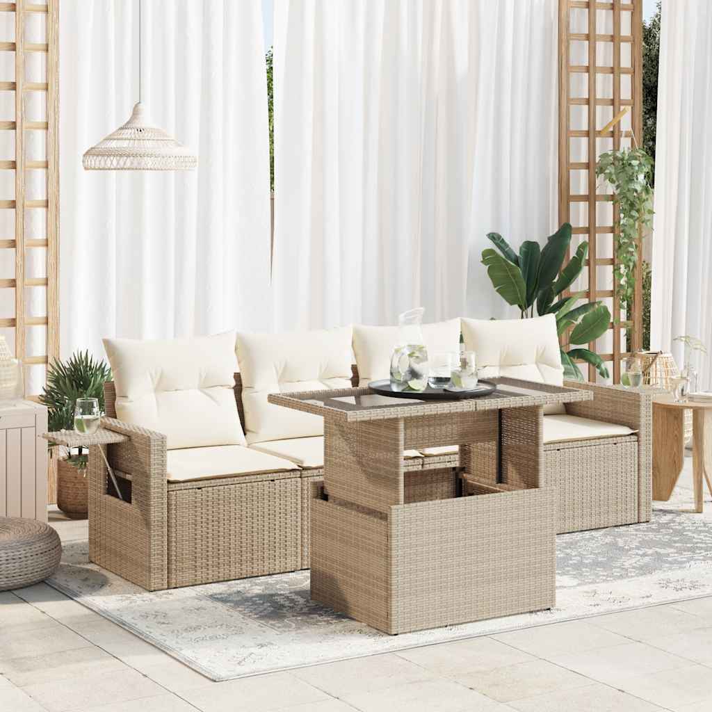 5-tlg. Garten-Sofagarnitur mit Kissen Beige Poly Rattan