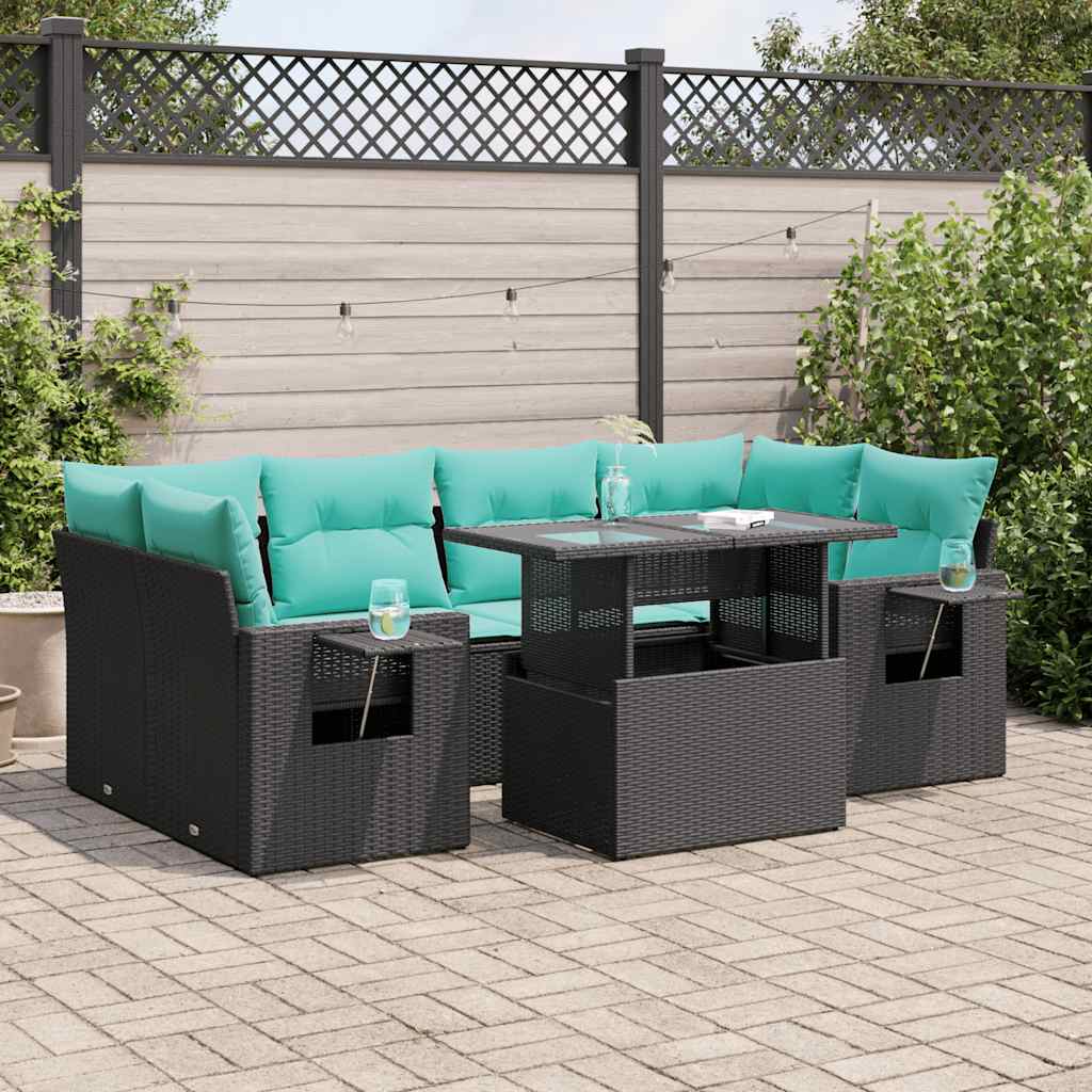 7-tlg. Garten-Sofagarnitur mit Kissen Schwarz Poly Rattan Akazie