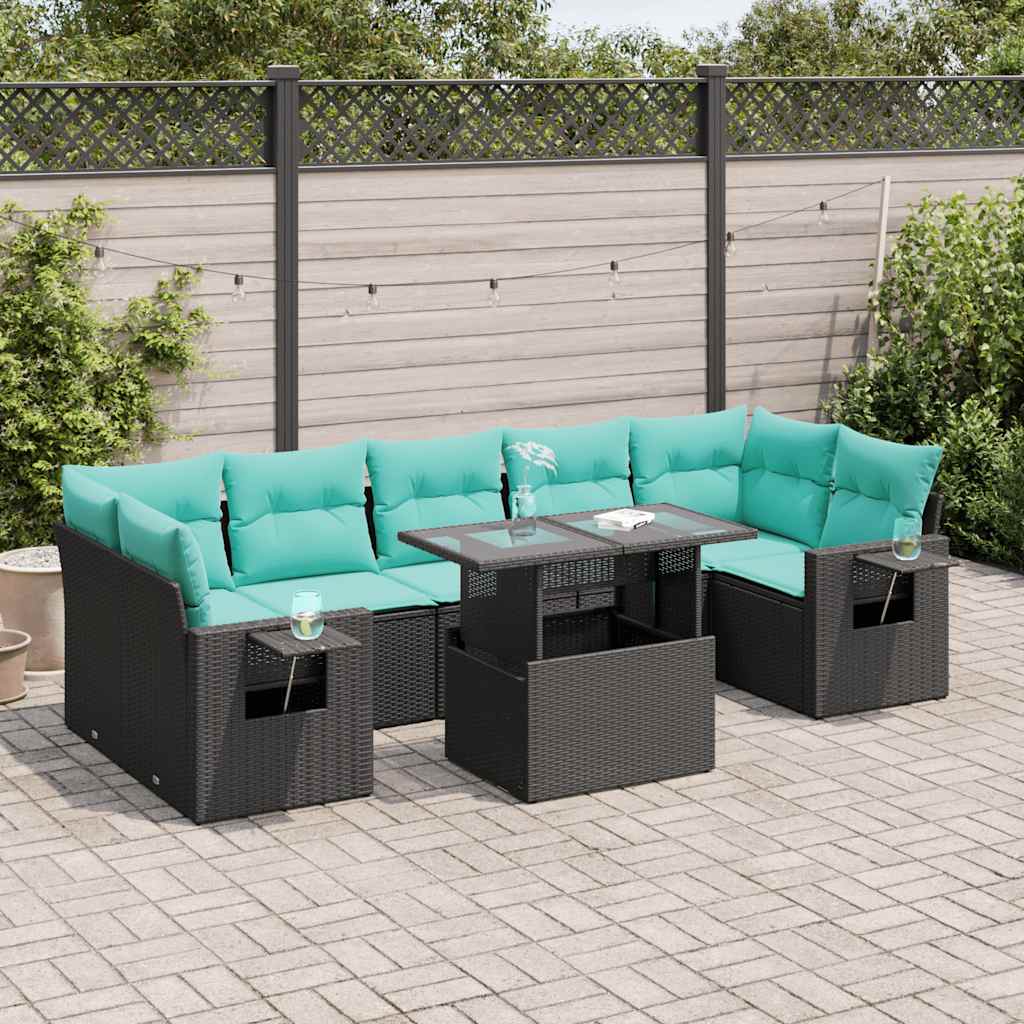 8-tlg. Garten-Sofagarnitur mit Kissen Schwarz Poly Rattan Akazie