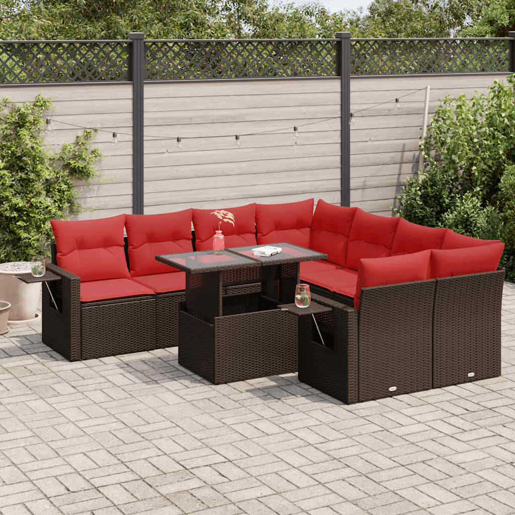 9-tlg. Garten-Sofagarnitur mit Kissen Braun Poly Rattan Akazie