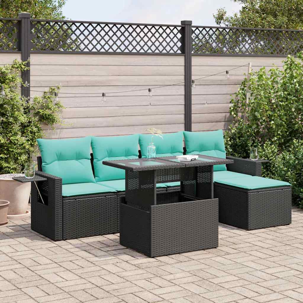 6-tlg. Garten-Sofagarnitur mit Kissen Schwarz Poly Rattan Akazie
