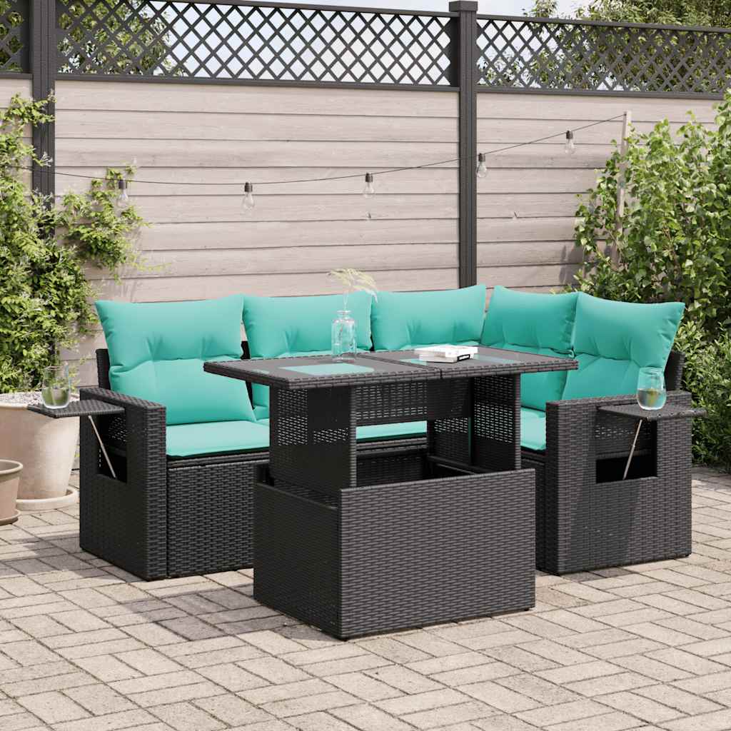 5-tlg. Garten-Sofagarnitur mit Kissen Schwarz Poly Rattan Akazie