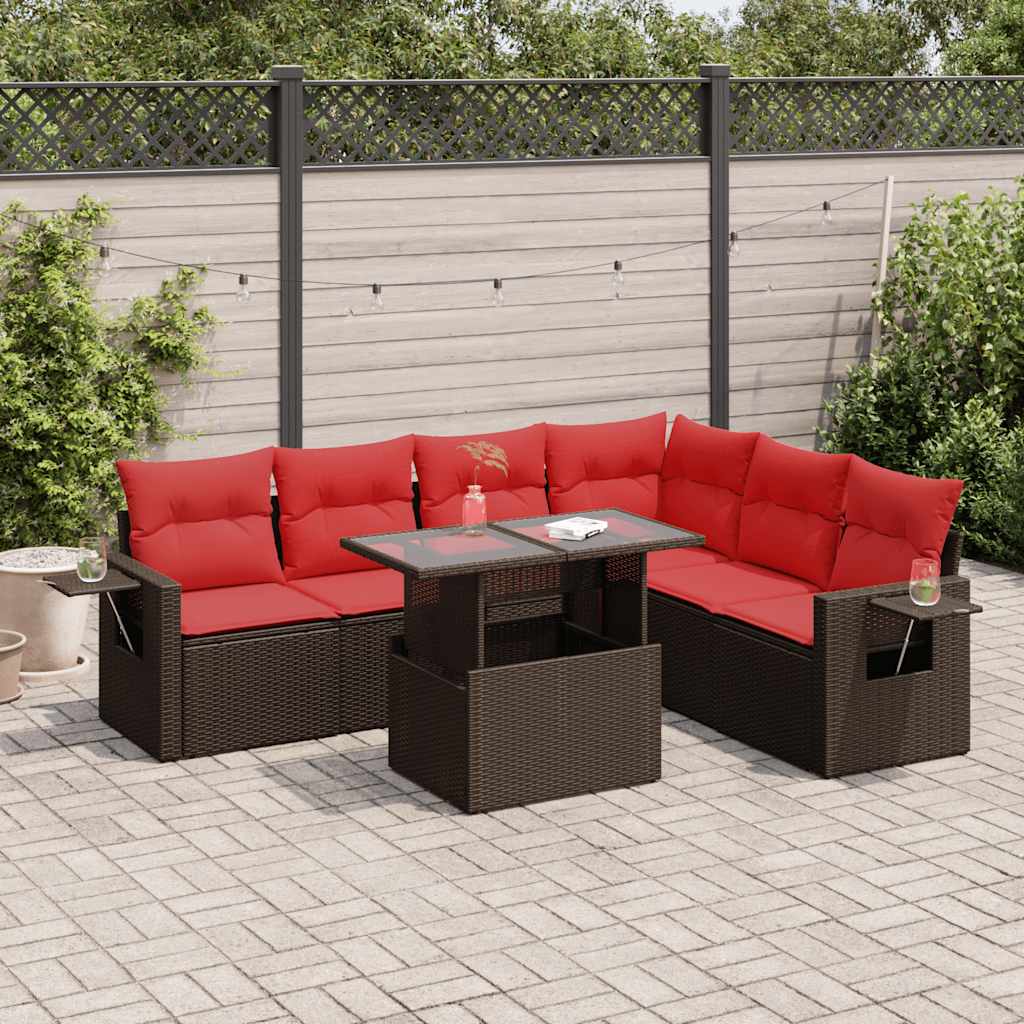 7-tlg. Garten-Sofagarnitur mit Kissen Braun Poly Rattan Akazie