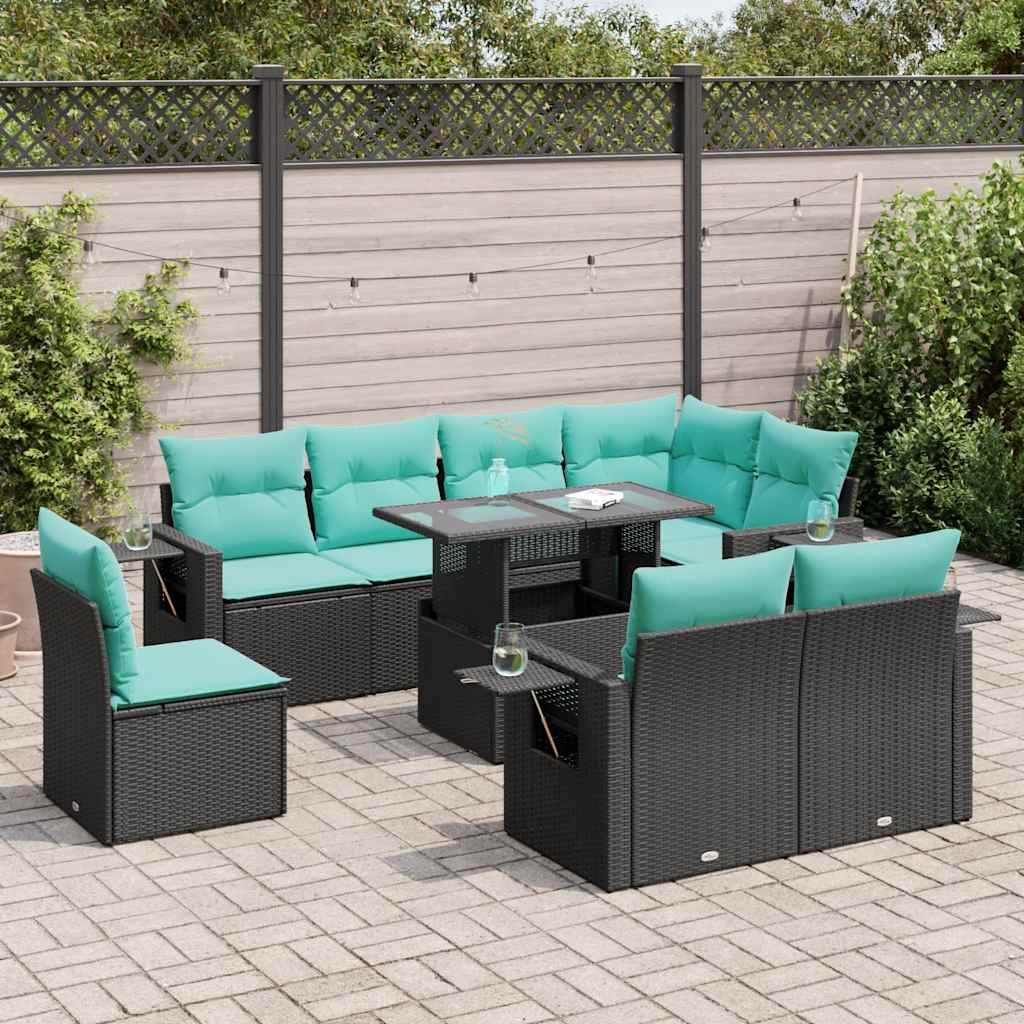 9-tlg. Garten-Sofagarnitur mit Kissen Schwarz Poly Rattan