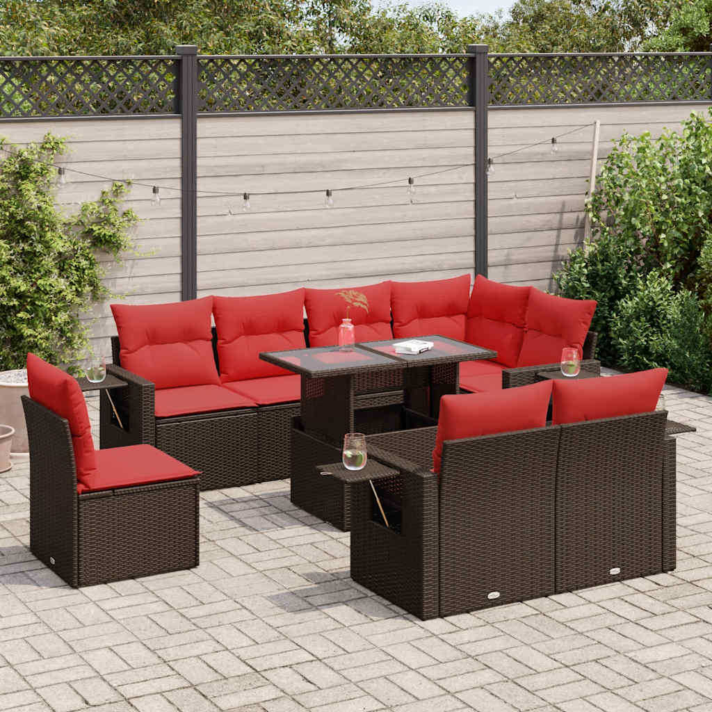 9-tlg. Garten-Sofagarnitur mit Kissen Braun Poly Rattan Akazie