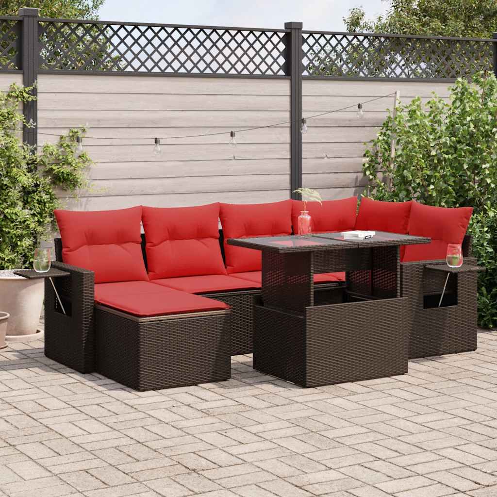 7-tlg. Garten-Sofagarnitur mit Kissen Braun Poly Rattan Akazie
