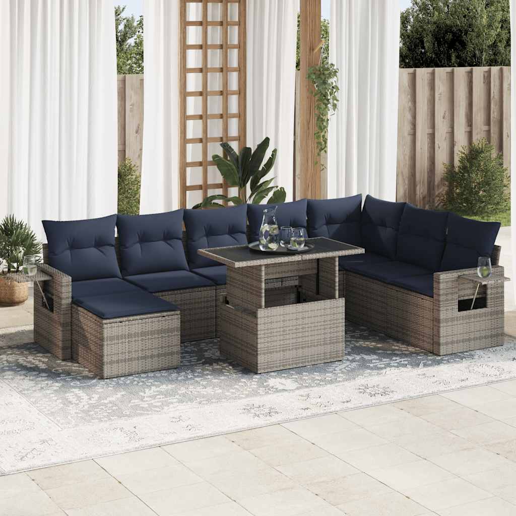 9-tlg. Garten-Sofagarnitur mit Kissen Grau Poly Rattan Akazie