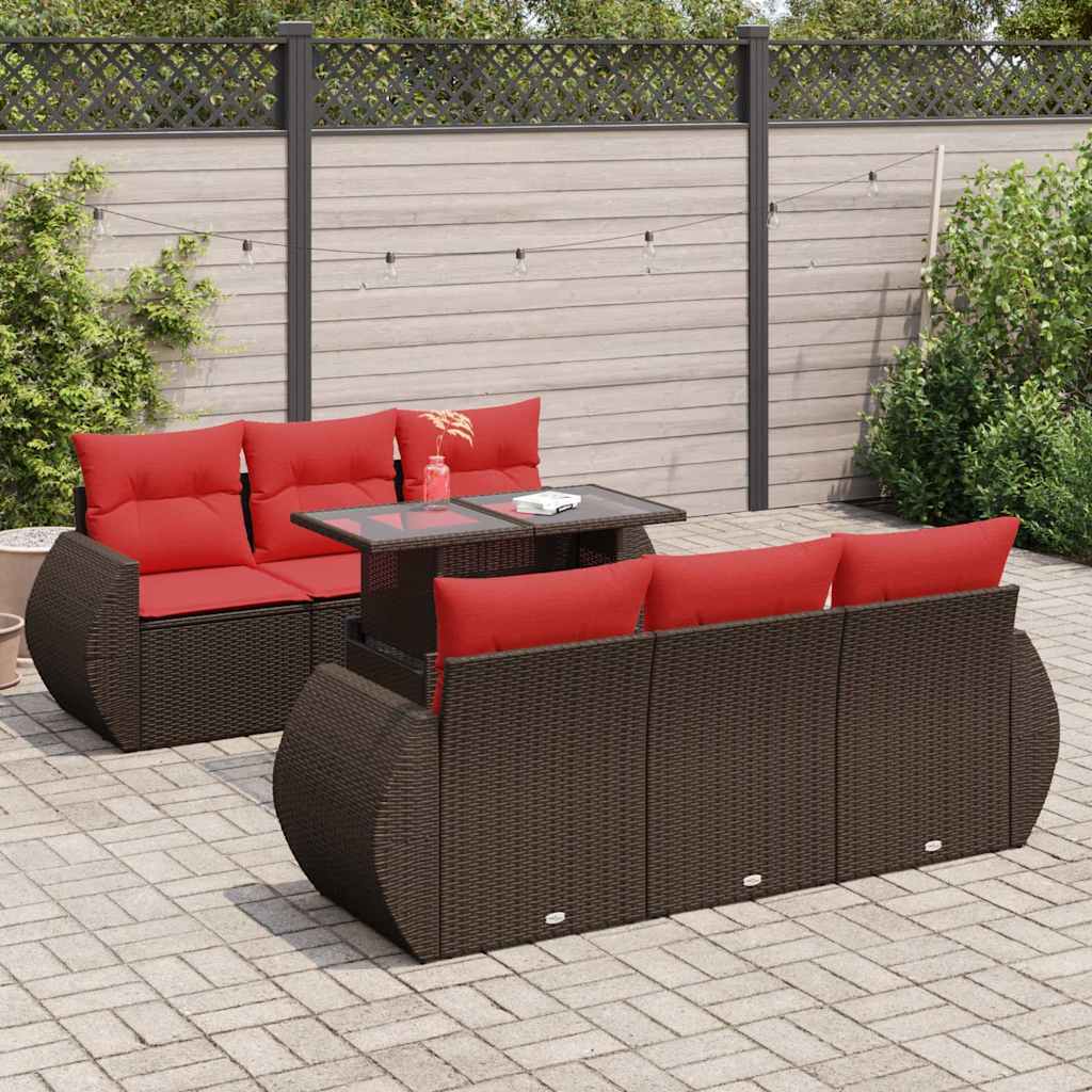 7-tlg. Garten-Sofagarnitur mit Kissen Braun Poly Rattan Akazie
