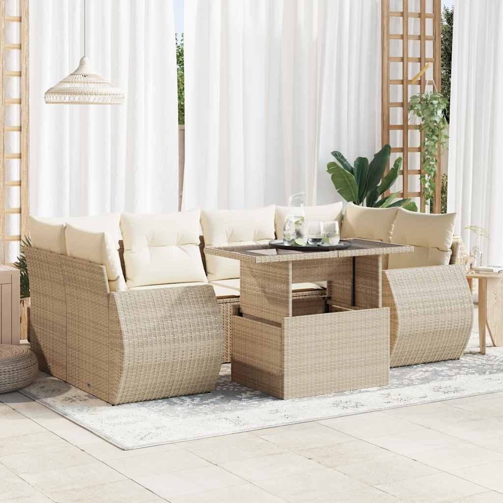 7-tlg. Garten-Sofagarnitur mit Kissen Beige Poly Rattan
