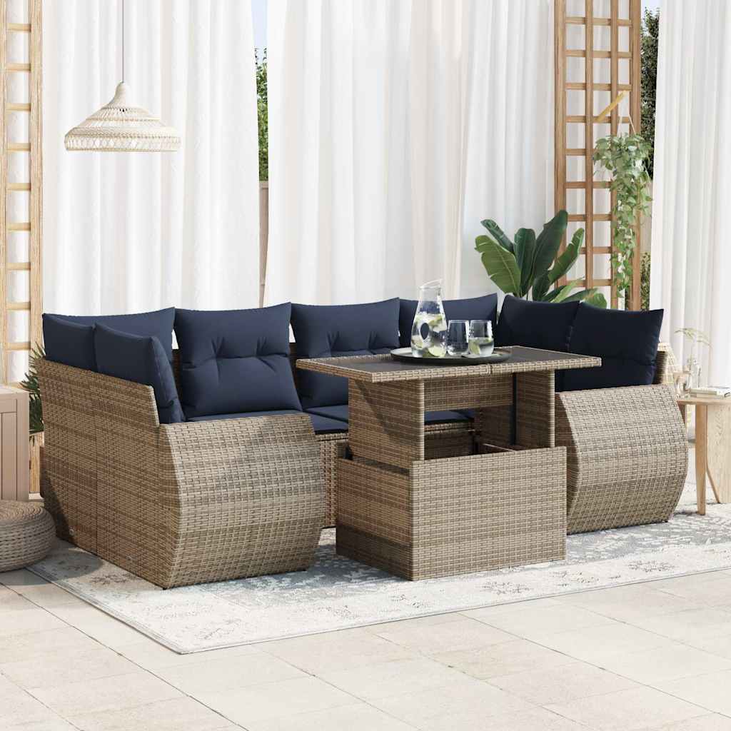 7-tlg. Garten-Sofagarnitur mit Kissen Grau Poly Rattan Akazie