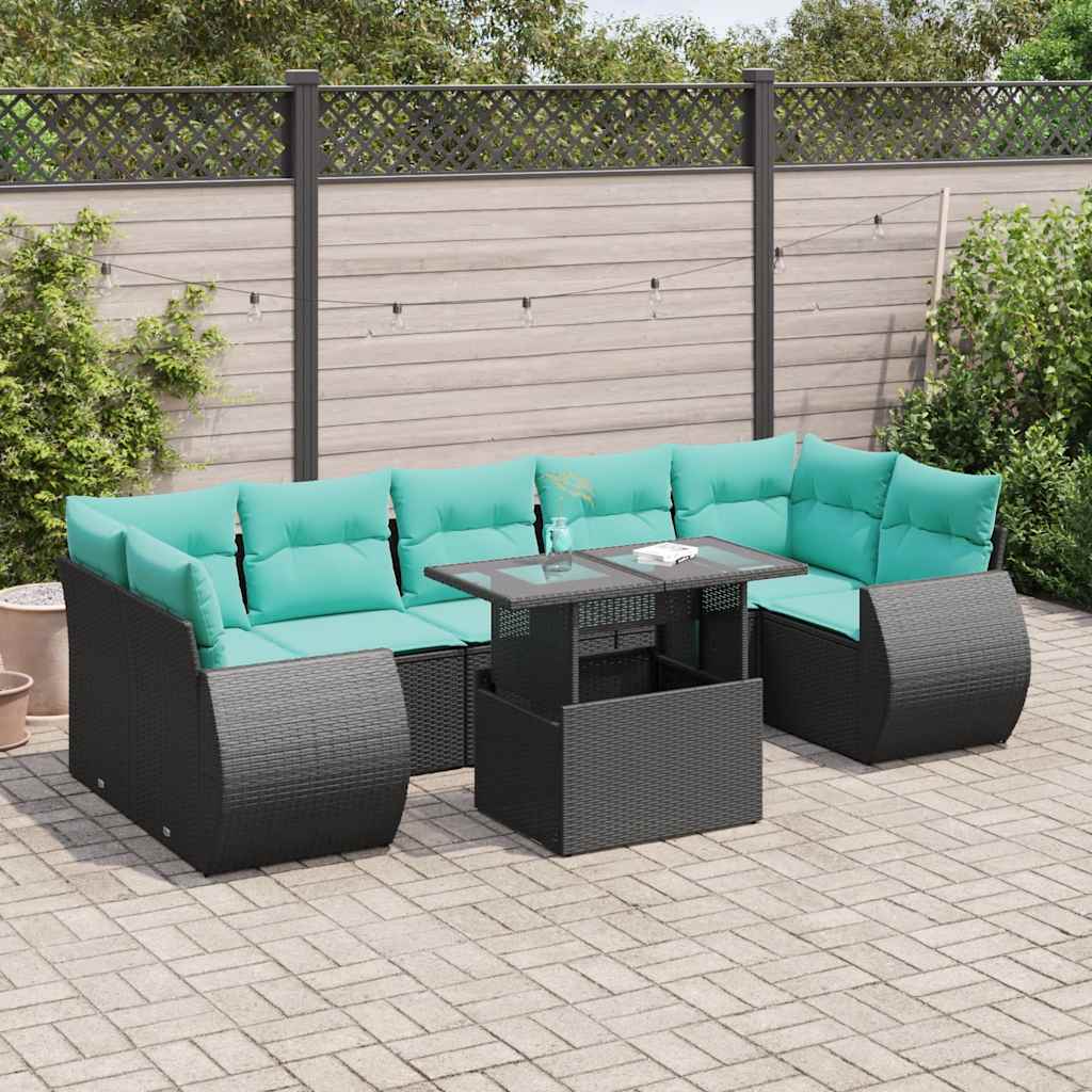 8-tlg. Garten-Sofagarnitur mit Kissen Schwarz Poly Rattan