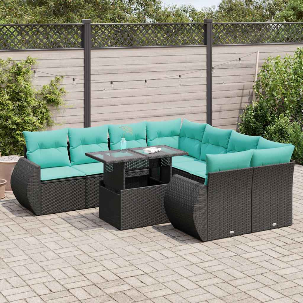 9-tlg. Garten-Sofagarnitur mit Kissen Schwarz Poly Rattan