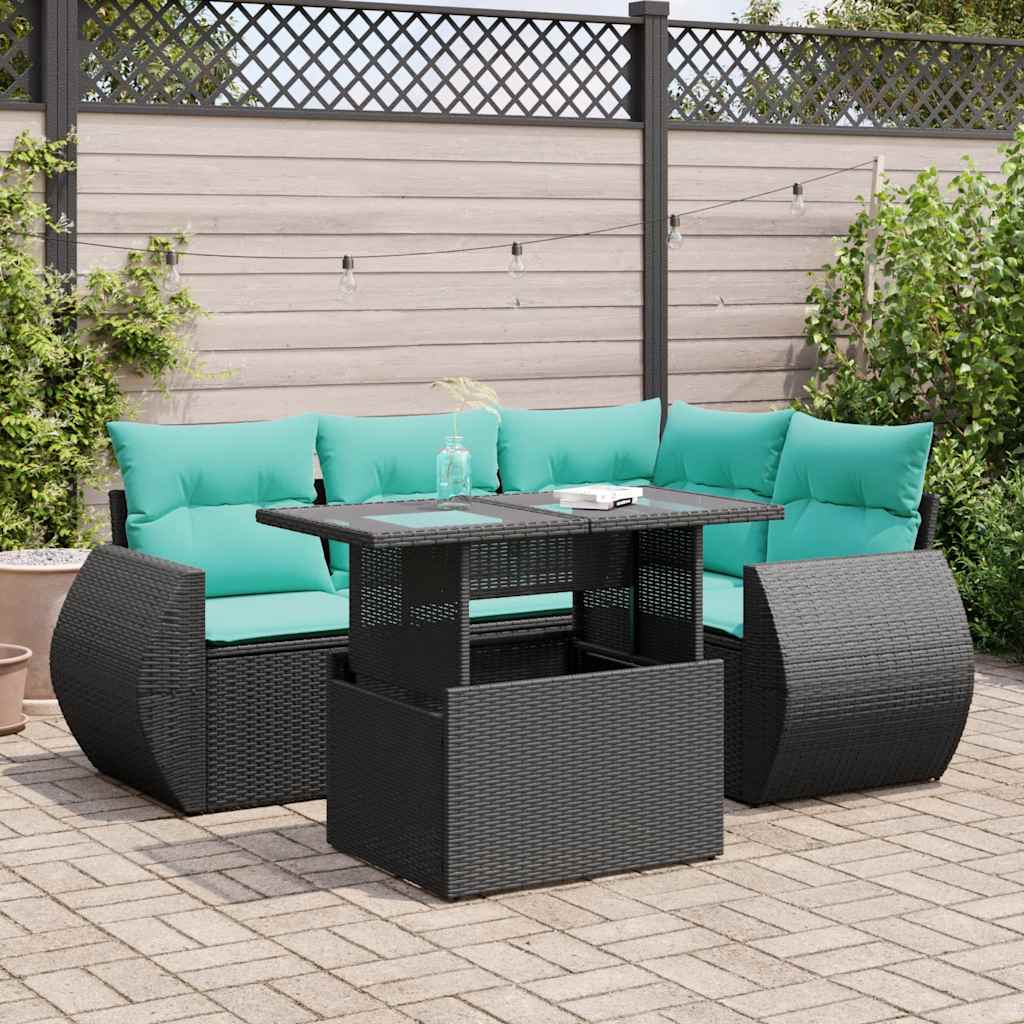 5tlg. Garten-Sofagarnitur mit Kissen Schwarz Poly Rattan Akazie