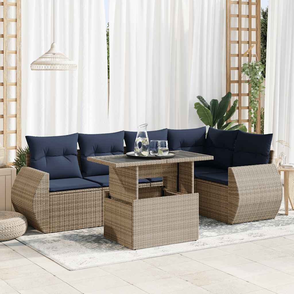 6-tlg. Garten-Sofagarnitur mit Kissen Grau Poly Rattan Akazie