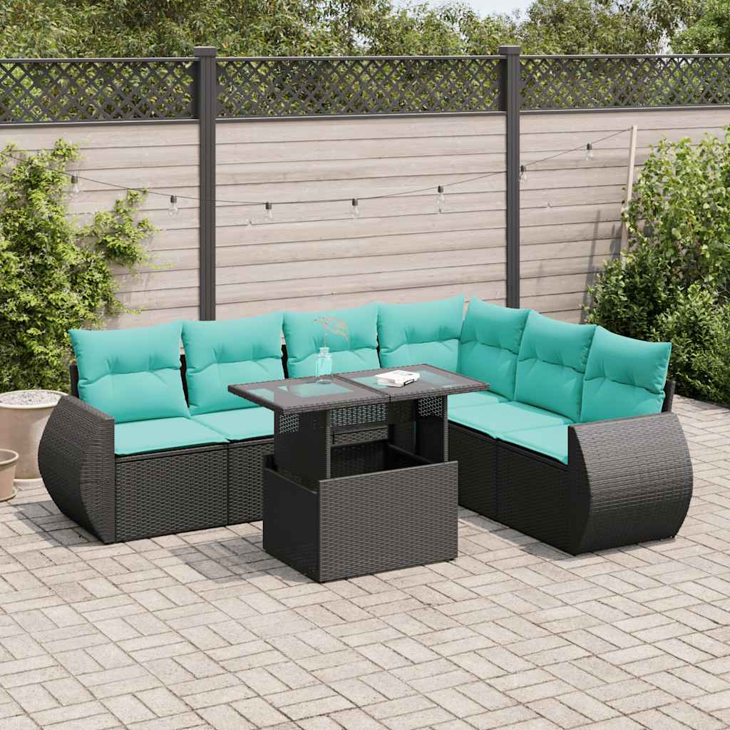 7-tlg. Garten-Sofagarnitur mit Kissen Schwarz Poly Rattan