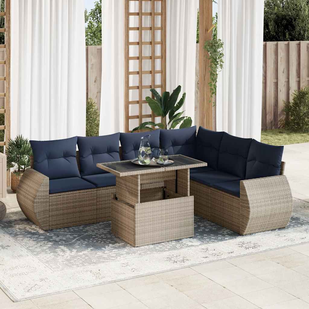 7-tlg. Garten-Sofagarnitur mit Kissen Grau Poly Rattan Akazie