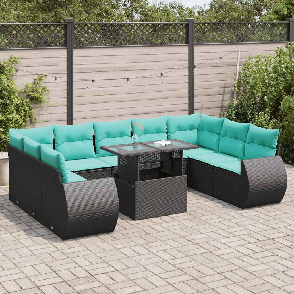 10-tlg. Garten-Sofagarnitur mit Kissen Schwarz Poly Rattan