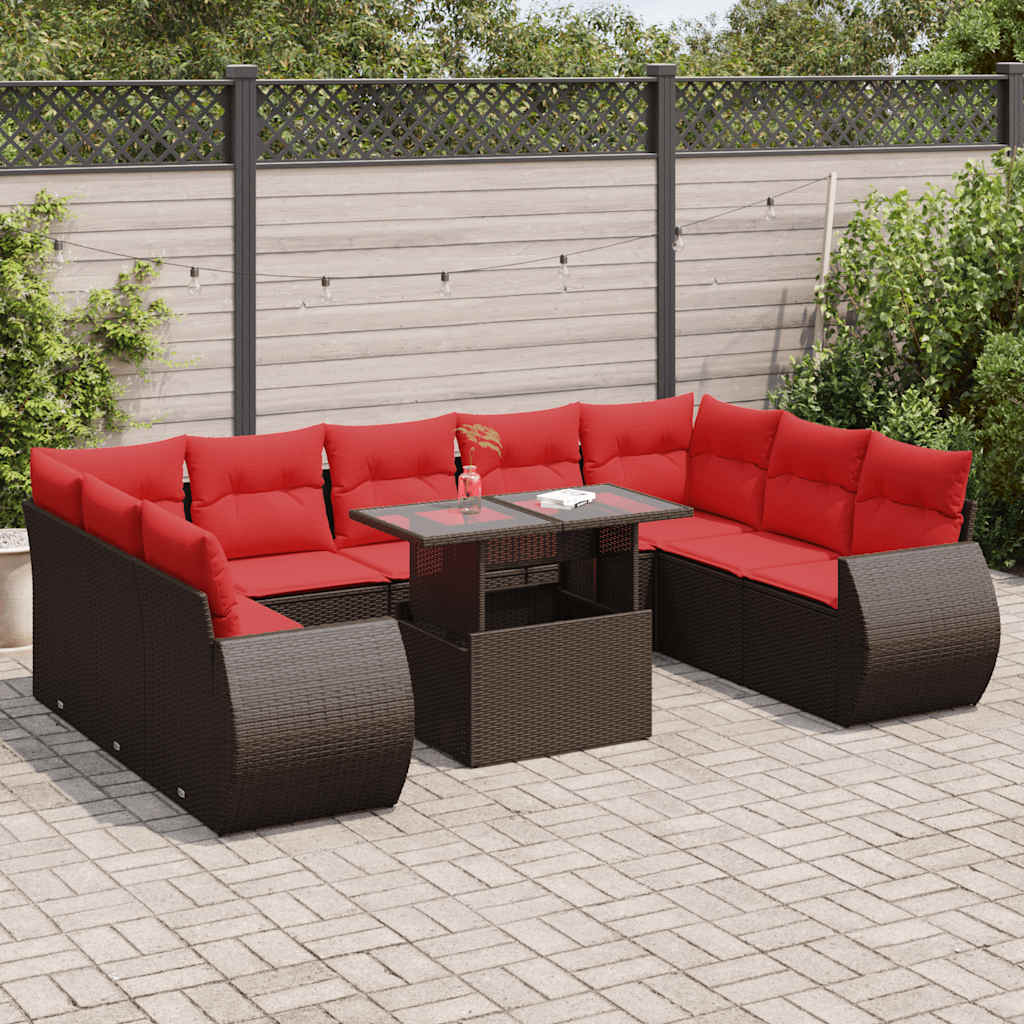 10-tlg. Garten-Sofagarnitur mit Kissen Braun Poly Rattan Akazie