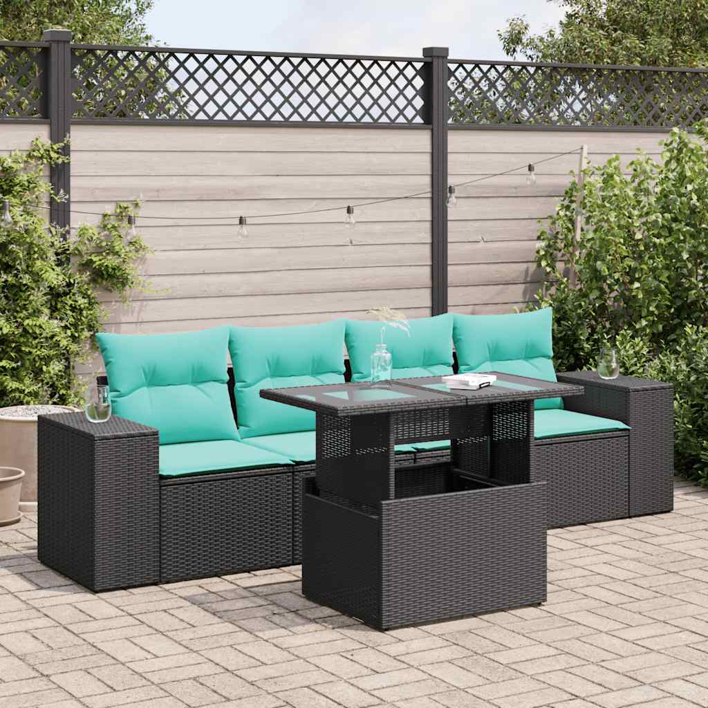 5tlg. Garten-Sofagarnitur mit Kissen Schwarz Poly Rattan Akazie