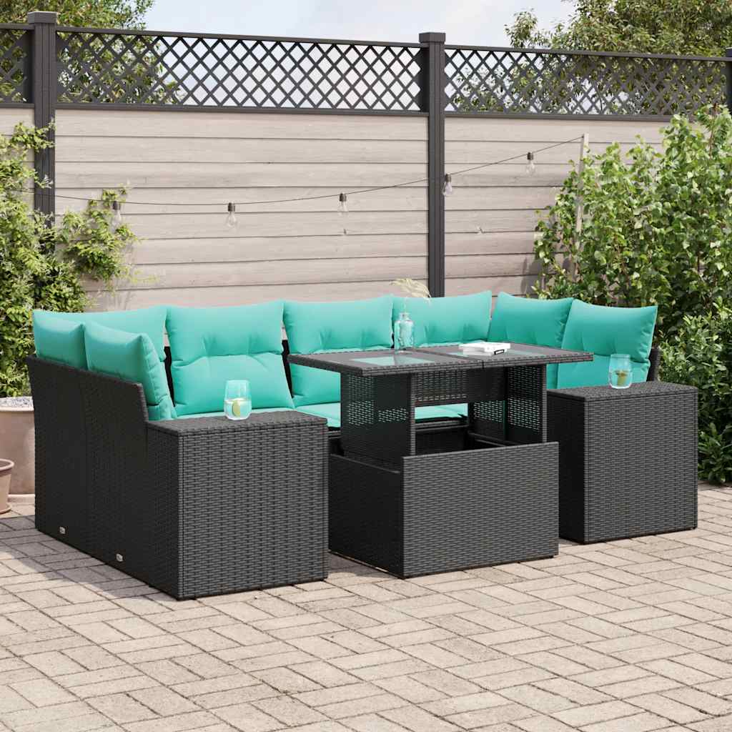 7-tlg. Garten-Sofagarnitur mit Kissen Schwarz Poly Rattan