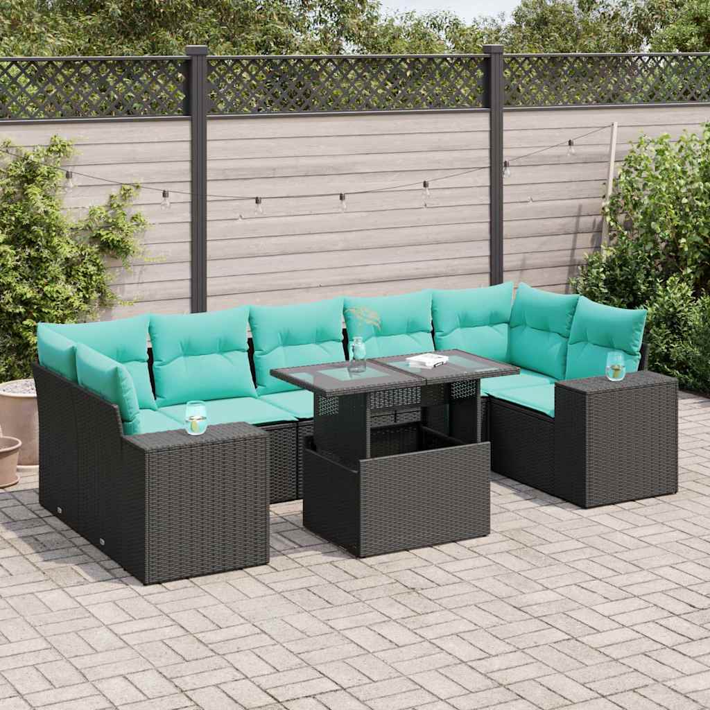 8-tlg. Garten-Sofagarnitur mit Kissen Schwarz Poly Rattan