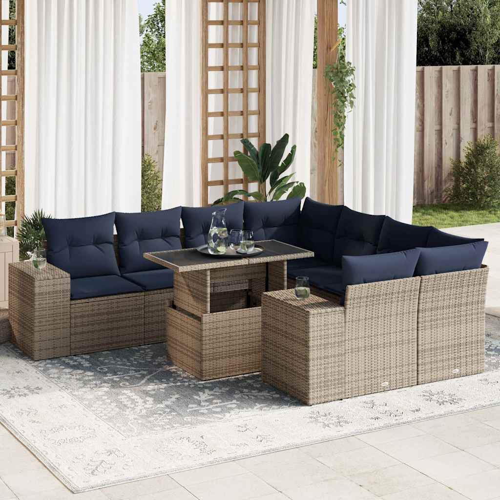 9-tlg. Garten-Sofagarnitur mit Kissen Grau Poly Rattan Akazie