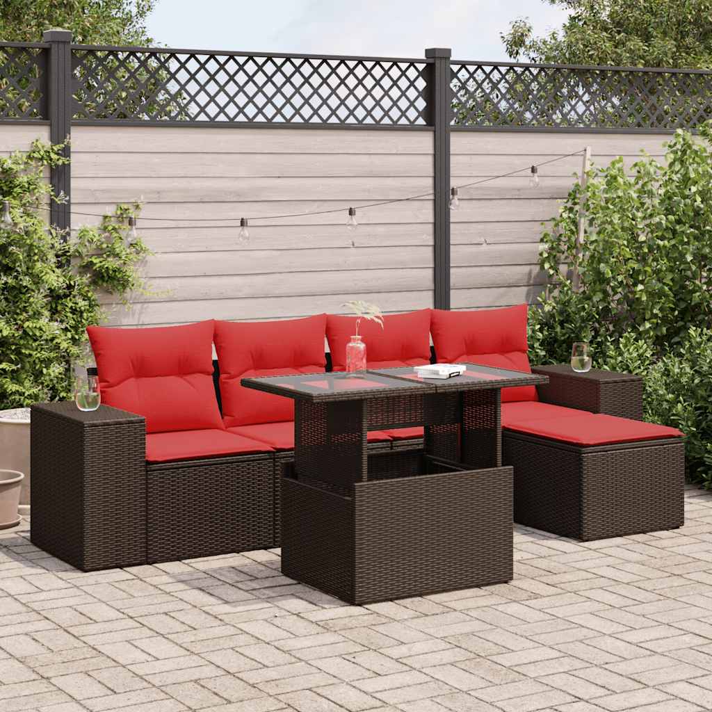 6-tlg. Garten-Sofagarnitur mit Kissen Braun Poly Rattan Akazie