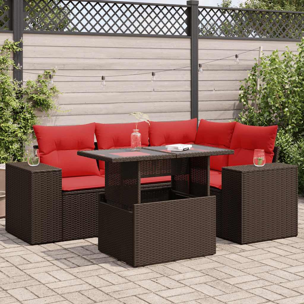 5-tlg. Garten-Sofagarnitur mit Kissen Braun Poly Rattan Akazie