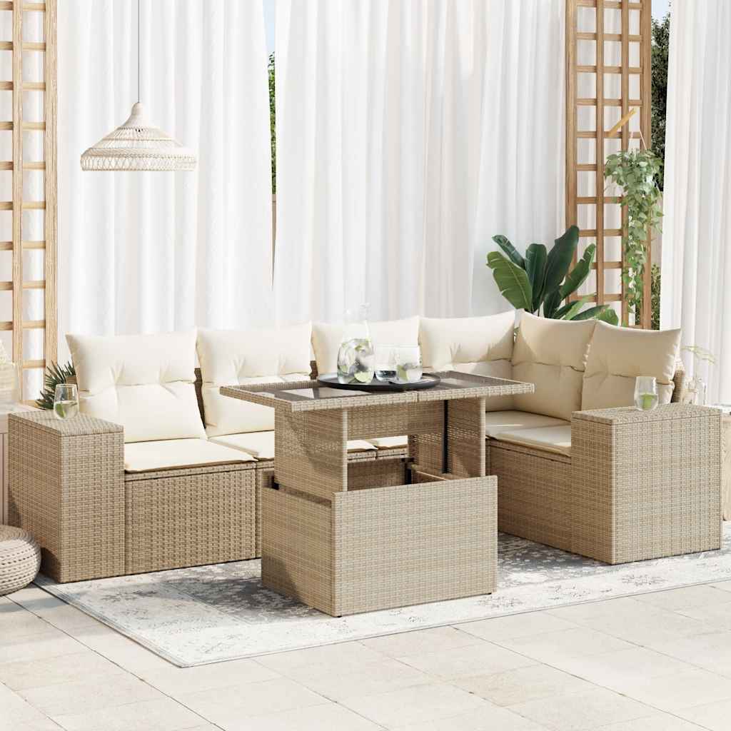 6-tlg. Garten-Sofagarnitur mit Kissen Beige Poly Rattan