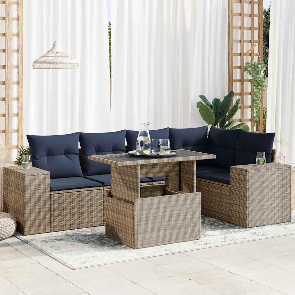 6-tlg. Garten-Sofagarnitur mit Kissen Schwarz Poly Rattan