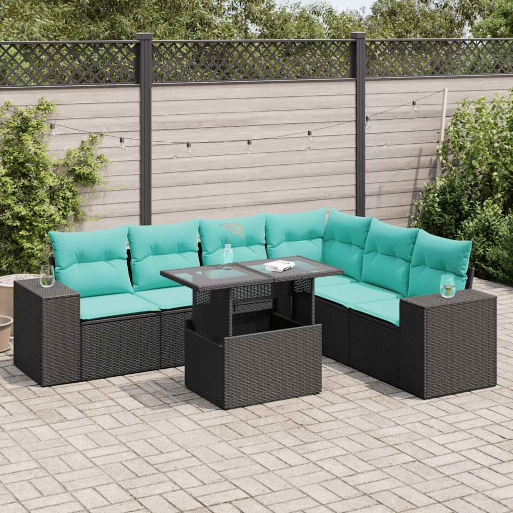 7-tlg. Garten-Sofagarnitur mit Kissen Schwarz Poly Rattan