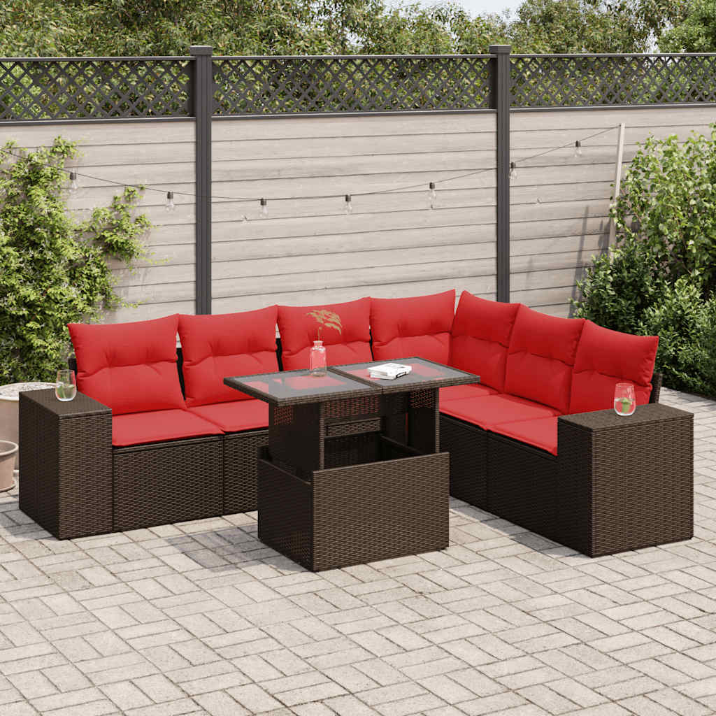7-tlg. Garten-Sofagarnitur mit Kissen Braun Poly Rattan Akazie