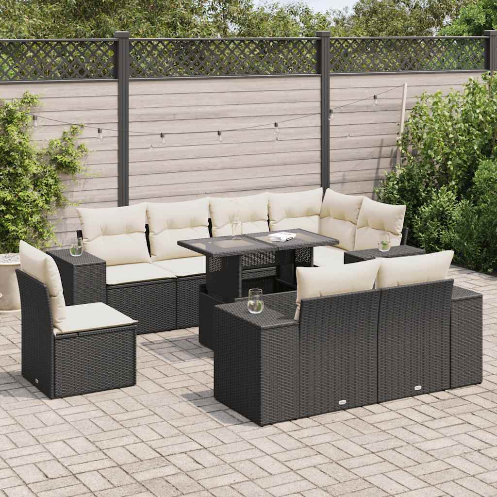 9-tlg. Garten-Sofagarnitur mit Kissen Schwarz Poly Rattan