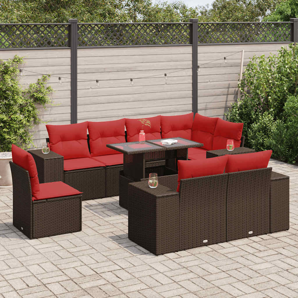 9-tlg. Garten-Sofagarnitur mit Kissen Braun Poly Rattan Akazie