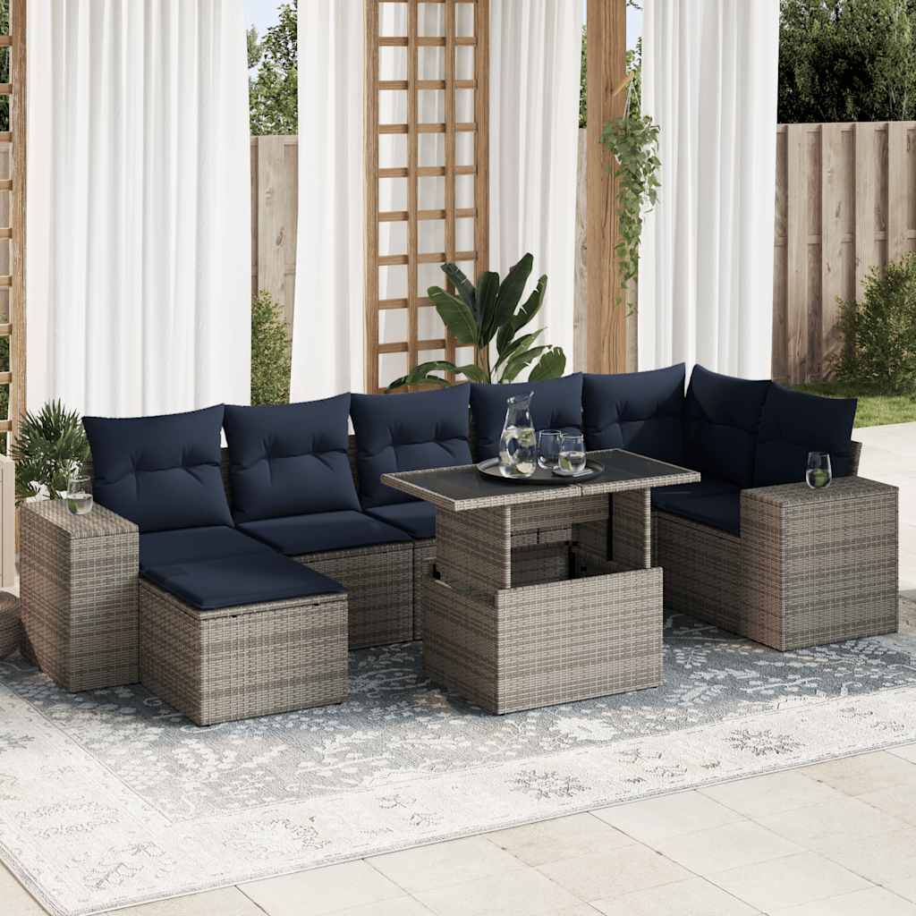 8-tlg. Garten-Sofagarnitur mit Kissen Grau Poly Rattan Akazie