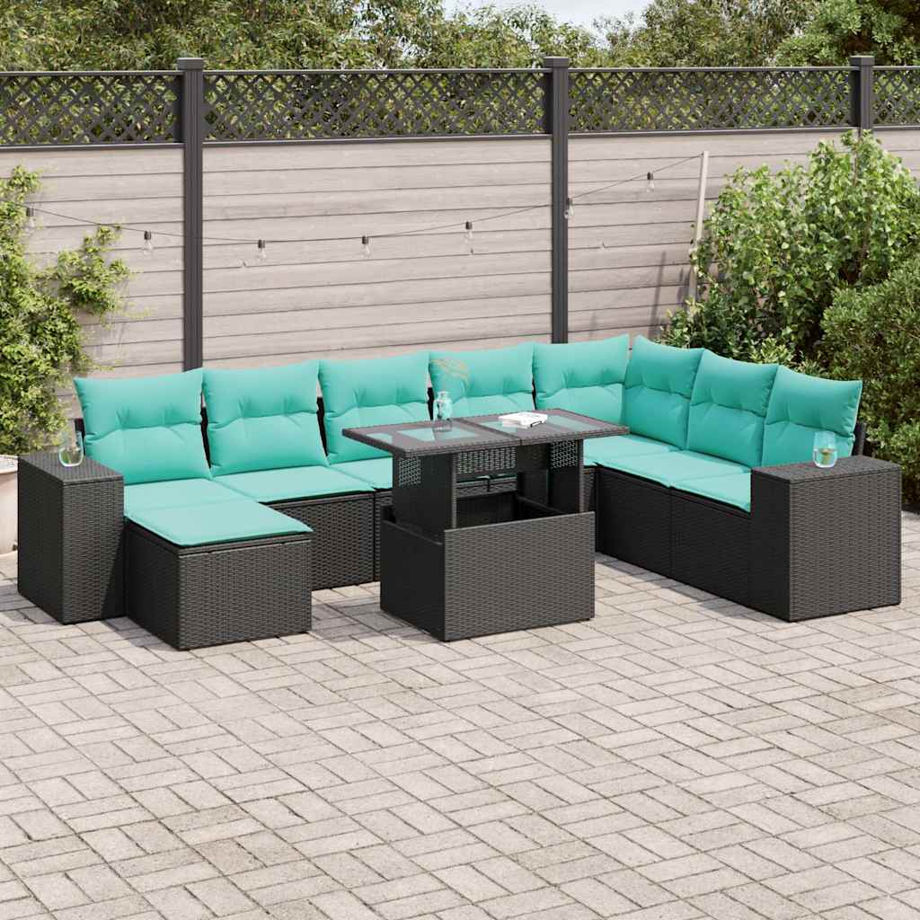 9-tlg. Garten-Sofagarnitur mit Kissen Schwarz Poly Rattan