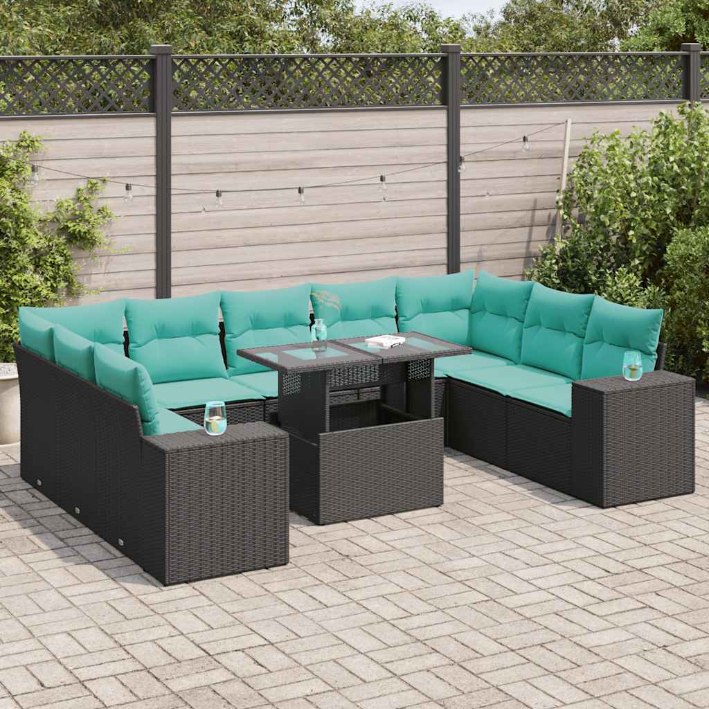 10-tlg. Garten-Sofagarnitur mit Kissen Schwarz Poly Rattan